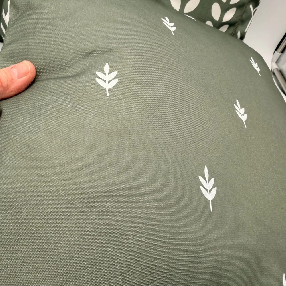 Set of 3 Green Decorative Throw Pillows with White Leaf Pattern